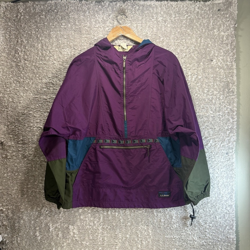 LL Bean Mountain Classic Anorak Jacket M Purple Hooded Water Resistant VTG Aztec